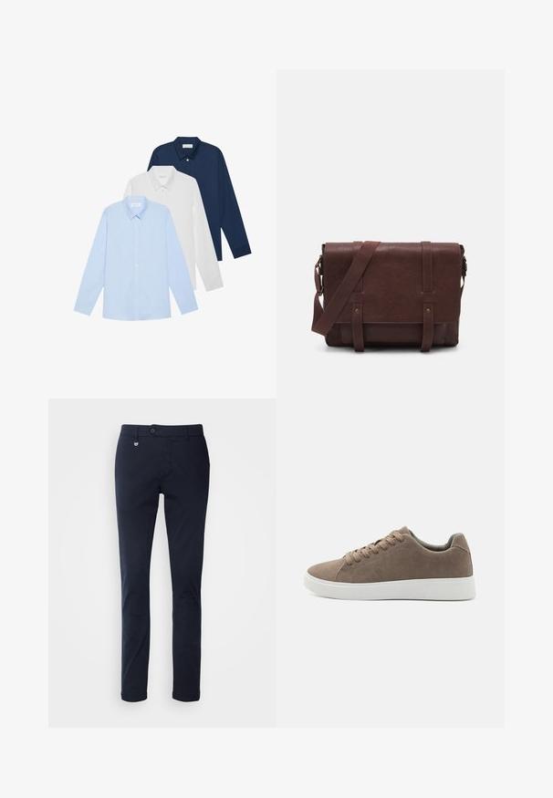 Trīs garas piedurknes krekli: gaiši zils, balts un tumši zils. Visām ir klasiskā apkakle un pogu aizdare, izgatavoti no gludas auduma.; Tumši zili, pieguļoši bikses, izgatavotas no kokvilnas. Tām ir priekšējais pogu un rāvējslēdzēja aizdare, divi sānu kabatas un gluda apdare.; Brūni zamšādas sneakers ar plakanām baltām gumijas zoleēm, aukliņu dizains, noapaļots pirksts un gluda tekstūra. Minimalistisks stils ar smalkiem izšuvuma elementiem.; Brūns ādas sūtījumu soma ar plakanu priekšējo atloku, divām siksnām, zelta metāla detaļām un regulējamu plecu siksnu.