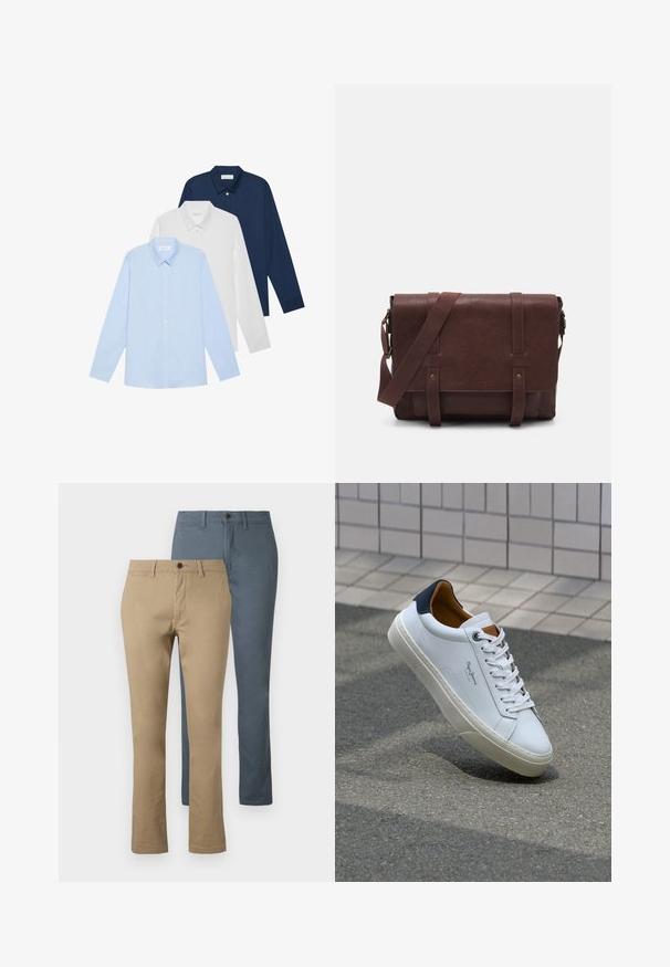 Tres camisas de manga larga: azul claro, blanca y azul marino. Todas tienen un cuello clásico y cierre de botones en la parte delantera, hechas de una tela suave.; Dos pares de pantalones de pierna recta: uno en caqui y otro en azul oscuro. Hechos de algodón; cuentan con una cinturilla y cierre de botón.; Zapatilla de cuero blanca con talón en azul marino, punta redonda y acentos en marrón a contraste. Presenta cordones planos y suela de goma texturizada.; Bandolera de cuero marrón con una tapa frontal plana, dos correas, detalles en metal dorado y una correa para el hombro ajustable.
