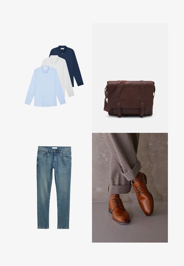 Tres camisas de manga larga: azul claro, blanca y azul marino. Todas tienen un cuello clásico y cierre de botones en la parte delantera, hechas de una tela suave.; Jeans ajustados de mezclilla; color azul medio con un lavado ligero; diseño de cinco bolsillos; cierre frontal con botón y cremallera; pierna recta.; Los zapatos de cuero marrón tienen una puntera redondeada, un diseño de cordones con cinco ojales y cordones oscuros que contrastan. Los pantalones son de cuadros y están doblados en los puños.; Bandolera de cuero marrón con una tapa frontal plana, dos correas, detalles en metal dorado y una correa para el hombro ajustable.