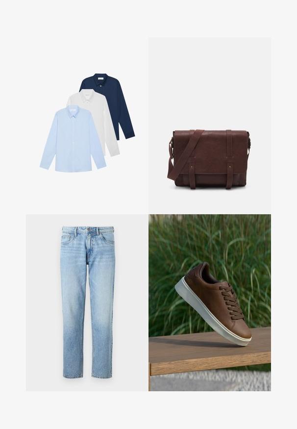 Három hosszúujjú ing: világoskék, fehér és tengerészkék. Mindegyik klasszikus galléros és gombos előlapi, sima anyagból készült.; Világoskék farmernadrág egyenes láb között, öt zsebes dizájn, kopott hatás, és klasszikus gombos-zipzáros zárás.; Barna bőr tornacipő fehér gumi talppal, lekerekített orral és barna fűzős kialakítással. A talp texturált tapadással, míg a felsőrész sima felülettel rendelkezik.; Barna bőr válltáska, lapos elülső fedéllel, két pánttal, arany színű fém kiegészítőkkel és állítható vállpánttal.