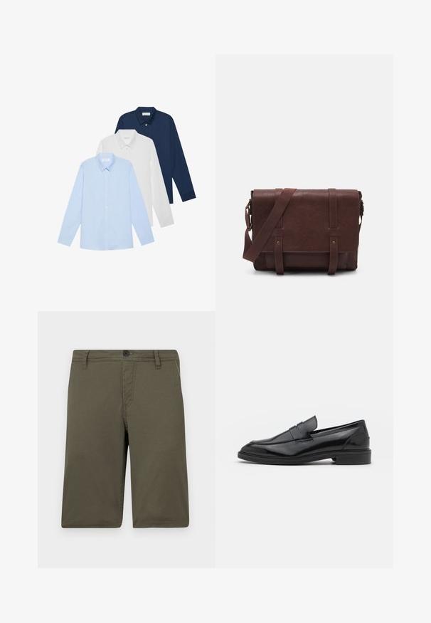 Trei cămăși cu mânecă lungă: albastru deschis, alb și bleumarin. Toate au un guler clasic și o deschidere cu nasturi, fiind confecționate dintr-un material neted.; Shorts khaki fabricate dintr-un material rezistent, cu un front neted, un sistem de prindere cu centură și un buton pentru închidere; dispune de două buzunare laterale și o cusătură bine realizată.; Pantofofi din piele neagră cu un finisaj neted, având vârful rotunjit și o bandă îngustă pe partea superioară. Toc mic, stratificat.; Geantă de umăr din piele maro, cu un capac frontal plat, două curele, accente din hardware auriu și o curea de umăr reglabilă.