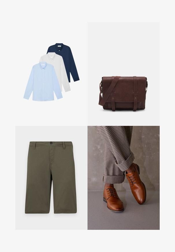 Trois chemises à manches longues : bleu clair, blanche et marine. Toutes ont un col classique et une fermeture à boutons à l'avant, en tissu lisse.; Shorts en khaki fabriqués dans un tissu résistant avec un devant plat, des passants de ceinture et une fermeture à bouton ; comprennent deux poches latérales et des coutures soignées.; Des chaussures en cuir marron présentent un bout arrondi, un laçage à cinq œillets et des lacets sombres contrastés. Le pantalon est à carreaux, retroussé aux poignets.; Sac en cuir marron de style messager avec un rabat plat à l'avant, deux sangles, des accents en métal doré et une bandoulière adjustable.