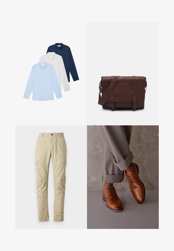 Drei Langarmhemden: hellblau, weiß und marineblau. Alle haben einen klassischen Kragen und eine knöpfbare Vorderseite, aus glattem Stoff gefertigt.; Beige Cargo-Hosen aus leichtem Material, mit mehreren Taschen, einem Knopfverschluss und einem schmal zulaufenden Beinschnitt. Glatte Textur.; Braune Lederschuhe haben eine abgerundete Zehenpartie, ein schnürendes Design mit fünf Ösen und kontrastierenden dunklen Schnürsenkeln. Die Hose ist karriert und an den Säumen aufgerollt.; Braune Leder-Umhängetasche mit einer flachen Vorderklappe, zwei Riemen, goldenen Hardware-Akzenten und einem verstellbaren Schultergurt.