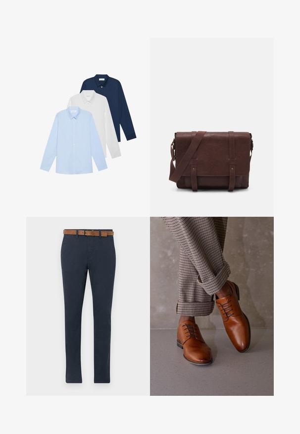 Tre camicie a maniche lunghe: azzurra chiara, bianca e blu navy. Tutte hanno un colletto classico e una chiusura con bottoni, realizzate in tessuto liscio.; Chinos blu scuro in cotone con una trama liscia. Presentano una cintura in suede marrone con fibbia e un design a gamba dritta.; Le scarpe in pelle marrone presentano una punta arrotondata, un design con cinque occhielli per i lacci e lacci scuri a contrasto. I pantaloni sono a scacchi, arrotolati sui polsini.; Borsa a tracolla in pelle marrone con un davanti piatto, due cinghie, dettagli in metallo dorato e una tracolla regolabile.