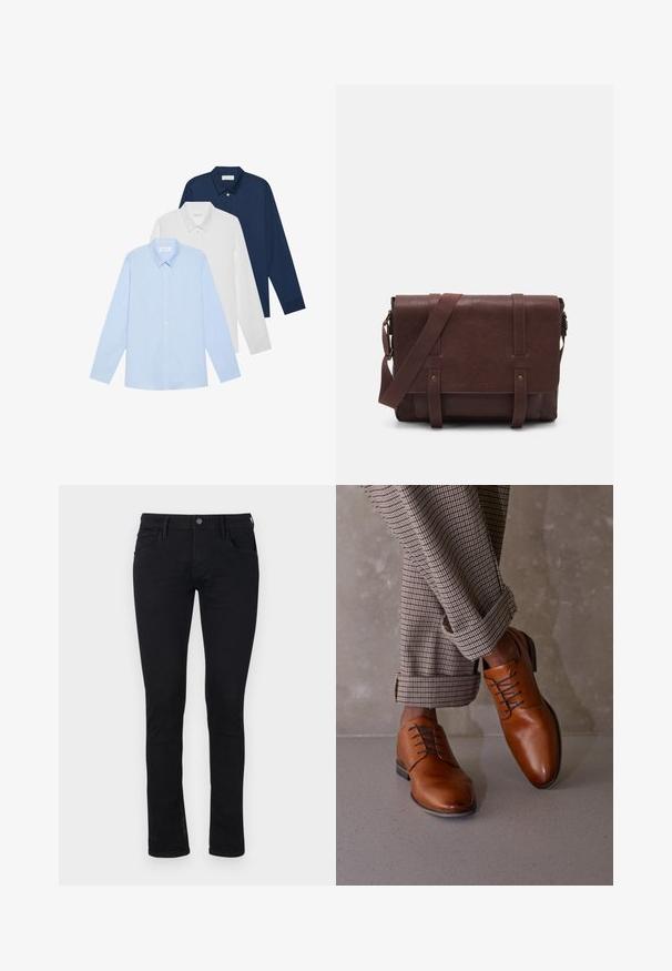 Kolm pika varrukaga särk: helesinine, valge ja tumesinine. Kõigil on klassikaline krae ja nööbid, valmistatud siledast kangast.; Mustad must mahtunud teksased, millel on sile tekstuur. Omab viit taskut ja lukuga nööbiga sulgemist vööl.; Pruunid nahast kingad on ringikujulise varbaga, viie silmaga nöörimise disainiga ja kontrastsete tumedate nööridega. Püksid on ruudulised ja pahkluude juures üles keeratud.; Pruunist nahast sõnumiekot, millel on lame eesmine klapp, kaks rihma, kullatud detailid ja reguleeritav õlarihm.