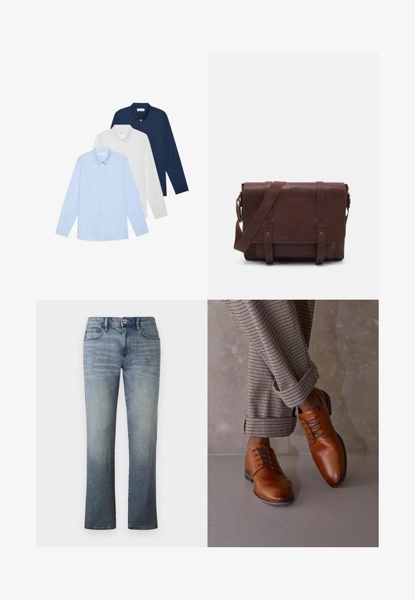 Trys ilgomis rankovėmis: šviesiai mėlynas, baltas ir tamsiai mėlynas. Visi turi klasikinį apykaklę ir sagstomą priekį, pagaminti iš lygaus audinio.; Šviesiai plačios džinsinės kelnės su tiesiu kojų dizainu, penkių kišenių stilius, metalinis mygtuko užsegimas ir subtili nudilimo detalė.; Rudonos odinės bateliai turi apvalią nosį, penkias akių raištelių sistemas ir kontrastinius tamsius raištelius. Kelnės yra languotos, surišamos ties kulkšniais.; Rudas odinis paštininko krepšys su lygiu priekiniu dangčiu, dviem diržais, auksiniais detalėmis ir reguliuojamu peties diržu.