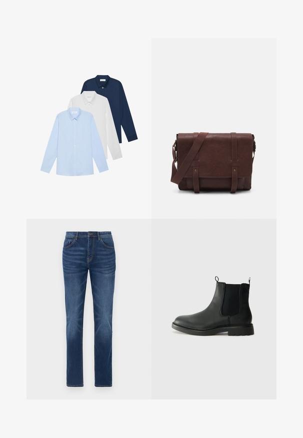 Tři košile s dlouhým rukávem: světle modrá, bílá a námořnická. Všechny mají klasický límec a zapínání na knoflíky, vyrobené z hladkého materiálu.; Tmavěmodré džíny z denimu s klasickým rovně střiženým stylem, designem s pěti kapsami a mírným vyblednutím na nohavicích. Obsahují zapínání na knoflík a zip.; Černé kožené chelsea boty s elastickými bočními panely, poutky na patě, kulatou špičkou a strukturovanou gumovou podrážkou. Hladký povrch a robustní design.; Hnědá kožená taška přes rameno s plochým předním klopem, dvěma popruhy, zlatými kovovými detaily a nastavitelným ramenním popruhem.