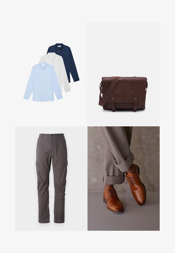 Three long-sleeve shirts: light blue, white, and navy. All have a classic collar and button-down front, made of smooth fabric.; Gray cargo pants with a straight cut, featuring multiple side pockets and reinforced stitching along the legs. Made of durable fabric.; Brown leather shoes feature a rounded toe, five eyelet lace-up design, and contrasting dark laces. Pants are plaid, rolled at the cuffs.; Brown leather messenger bag with a flat front flap, two straps, gold hardware accents, and an adjustable shoulder strap.
