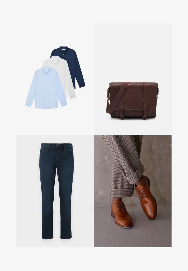 Kolm pika varrukaga särk: helesinine, valge ja tumesinine. Kõigil on klassikaline krae ja nööbid, valmistatud siledast kangast.; Tumedat sinised teksased sirge lõikega, viie taskuga, nööbiga sulgemisega ja ees kerge pleekimisega.; Pruunid nahast kingad on ringikujulise varbaga, viie silmaga nöörimise disainiga ja kontrastsete tumedate nööridega. Püksid on ruudulised ja pahkluude juures üles keeratud.; Pruunist nahast sõnumiekot, millel on lame eesmine klapp, kaks rihma, kullatud detailid ja reguleeritav õlarihm.