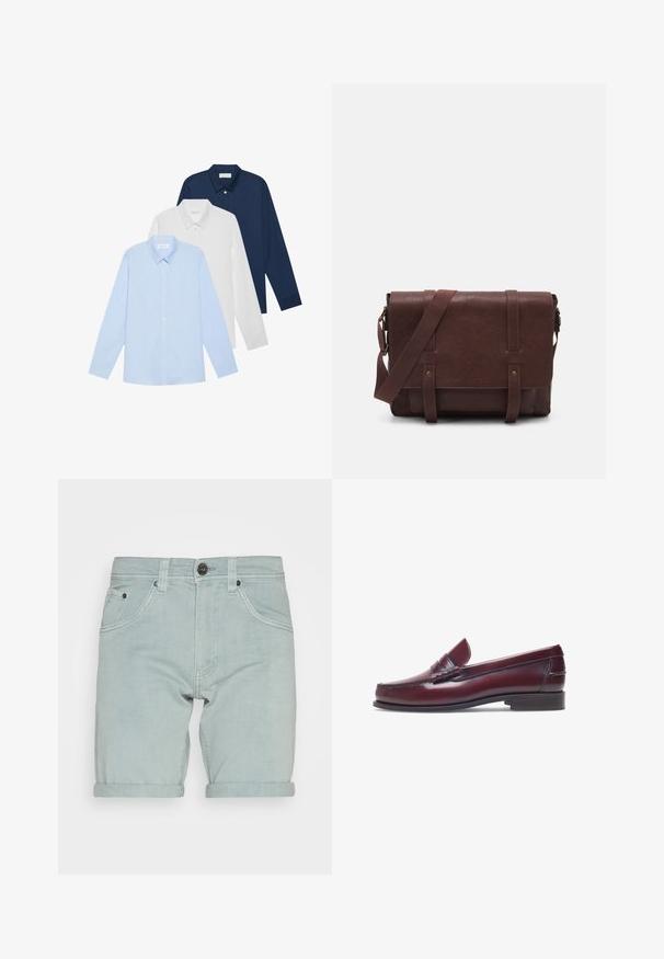 Trois chemises à manches longues : bleu clair, blanche et marine. Toutes ont un col classique et une fermeture à boutons à l'avant, en tissu lisse.; Shorts en denim bleu clair avec un ourlet roulé, présentant des poches avant et une fermeture à bouton noir unique à la taille. Texture lisse.; Mocassin en cuir bordeaux avec un bout arrondi, des détails cousus et un petit accent décoratif sur le devant. Semelle plate contrastante.; Sac en cuir marron de style messager avec un rabat plat à l'avant, deux sangles, des accents en métal doré et une bandoulière adjustable.
