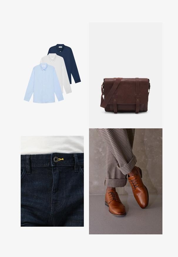 Kolme pitkähihasta paitaa: vaaleansininen, valkoinen ja laivaston sininen. Kaikissa on klassinen kaulus ja napitettavat etuosat, valmistettu sileästä kankaasta.; Tummansiniset farkut, joissa on tavallinen napin kiinnitys keltaisella yksityiskohdalla ja useita taskuja. Pintateknologia näyttää sileältä ja sillä on hienoinen kiilto.; Ruskeat nahkakengät, joissa on pyöreä varvas, viisi silmukkaa nauhoitusta varten ja tummat, erottuvat nauhat. Housut ovat ruudulliset ja lahkeissa on käänteet.; Ruskea nahkainen viestintälaatikko, jossa on litteä etuläppä, kaksi remmiä, kultaiset yksityiskohdat ja säädettävä olkahihna.