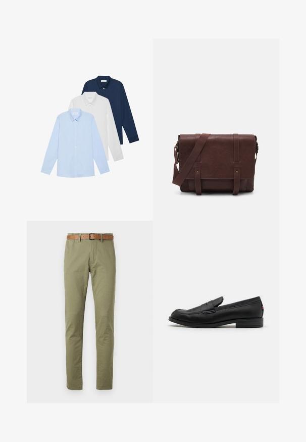 Trys ilgomis rankovėmis: šviesiai mėlynas, baltas ir tamsiai mėlynas. Visi turi klasikinį apykaklę ir sagstomą priekį, pagaminti iš lygaus audinio.; Olivinių medvilninių kelnių su tiesiais sijonais dizainu, su rudu odiniu diržu ir lygia tekstūra. Paprastos priekinės kišenės.; Juodos odinės loafers' tipo bateliai su lygia apdaila, apvalia nosimi ir maža dekoratyvine kišenėle. Turi žemą sukrauto kulno ir subtilų prekės ženklo detalę.; Rudas odinis paštininko krepšys su lygiu priekiniu dangčiu, dviem diržais, auksiniais detalėmis ir reguliuojamu peties diržu.