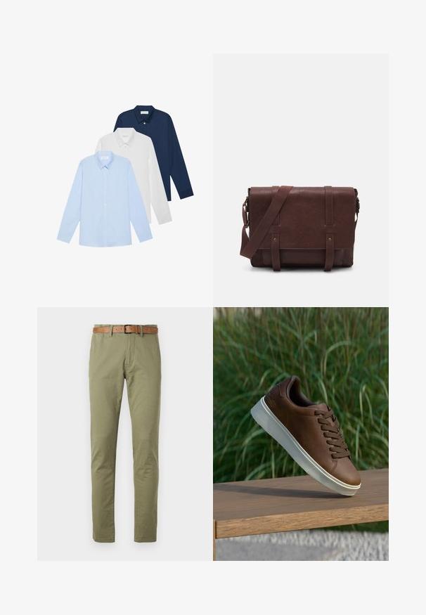 Kolm pika varrukaga särk: helesinine, valge ja tumesinine. Kõigil on klassikaline krae ja nööbid, valmistatud siledast kangast.; Oliivrohelised puuvillased püksid sirge jala lõikega, pruuni nahkvöödiga ja siledast tekstuurist. Lihtsad ees olevad taskud.; Pruun nahast tenniseking valge kummist tallaga, ümar varvas ja pruunid laced. Talla tekstuuriline haardepind ja ülemise sile pind.; Pruunist nahast sõnumiekot, millel on lame eesmine klapp, kaks rihma, kullatud detailid ja reguleeritav õlarihm.