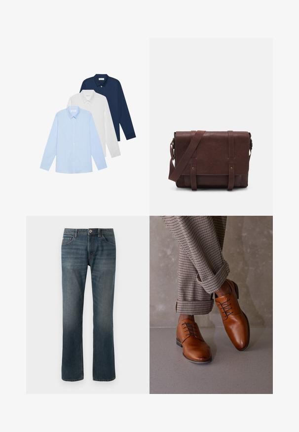 Três camisetas de manga longa: azul claro, branca e azul-marinho. Todas têm gola clássica e frente com botões, feitas de tecido liso.; Jeans de ganga azul escuro com um design de perna reta. As características incluem cinco bolsos, costura em contraste e um fecho frontal com botão e fecho de correr.; Sapatos de couro castanho apresentam um bico arredondado, design de atacadores com cinco ilhós e atacadores escuros em contraste. As calças são xadrez, com as bainhas dobradas.; Mala mensageiro de couro castanho com uma aba frontal plana, duas correias, detalhes em metal dourado e uma alça de ombro ajustável.