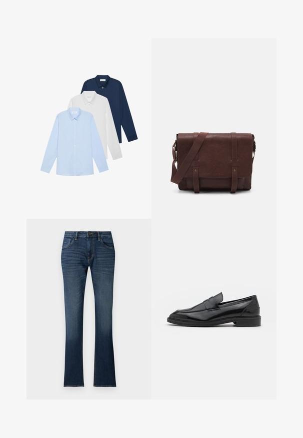 Trys ilgomis rankovėmis: šviesiai mėlynas, baltas ir tamsiai mėlynas. Visi turi klasikinį apykaklę ir sagstomą priekį, pagaminti iš lygaus audinio.; Tamsiai mėlyni džinsai su šiek tiek išsišokusiais klešnėmis, struktūrizuotu liemeniu, penkiomis kišenėmis ir švelniu blukimu prie apačios.; Juodos odinės loafers batai su lygiu paviršiumi, turintys apvalią noselę ir siaurą juostelę per viršų. Žemas sluoksnis kulnas.; Rudas odinis paštininko krepšys su lygiu priekiniu dangčiu, dviem diržais, auksiniais detalėmis ir reguliuojamu peties diržu.