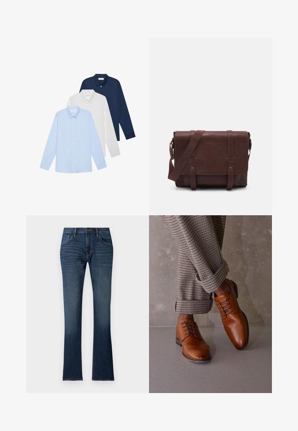 Tři košile s dlouhým rukávem: světle modrá, bílá a námořnická. Všechny mají klasický límec a zapínání na knoflíky, vyrobené z hladkého materiálu.; Tmavě modré džíny z denimu s mírným rozšířením na dolním okraji, strukturovaným páskem, pěti kapsami a jemným vyblednutím poblíž lemu.; Hnědé kožené boty mají zaoblenou špičku, pět dírek na šněrování a kontrastní tmavé tkaničky. Kalhoty jsou kostkované a na koncích ohrnuté.; Hnědá kožená taška přes rameno s plochým předním klopem, dvěma popruhy, zlatými kovovými detaily a nastavitelným ramenním popruhem.