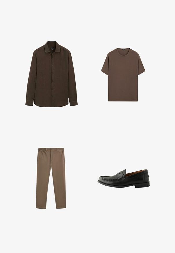 Donkerbruin overhemd met lange mouwen, knoopsluiting en kraag, met een effen ontwerp en geknoopte manchetten, plat weergegeven op een witte achtergrond.; Bruine katoenen t-shirt met een ronde hals en korte mouwen. Eenvoudig ontwerp met een gelijkmatige textuur en een comfortabele pasvorm. Geen patronen of accenten.; Bruine cotton chinos met een rechte pijp, elastische tailleband en voorzakken. Glad textuur en minimale stikseldetails.; Zwarte leren instappers met een gladde afwerking, ronde neus, handgestikte details en een lage rubberen zool. Tijdloos en veelzijdig ontwerp.