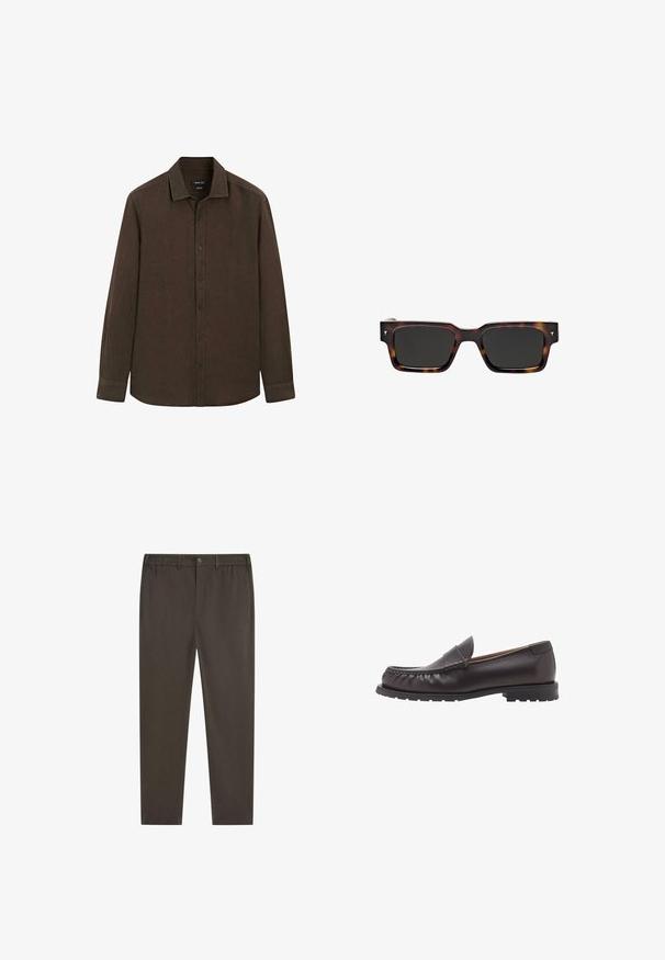 Dark brown long-sleeve button-up shirt with collar, plain design, and buttoned cuffs shown flat on white background.; Dark brown trousers with a straight leg design, elastic waistband, front button closure, and side pockets. Smooth fabric texture.; Brown leather loafers with a rounded toe, stitched detailing, and a low rubber sole. Smooth finish with a subtle sheen.; Massimo Dutti RECTANGULAR - Sunglasses - dark brown