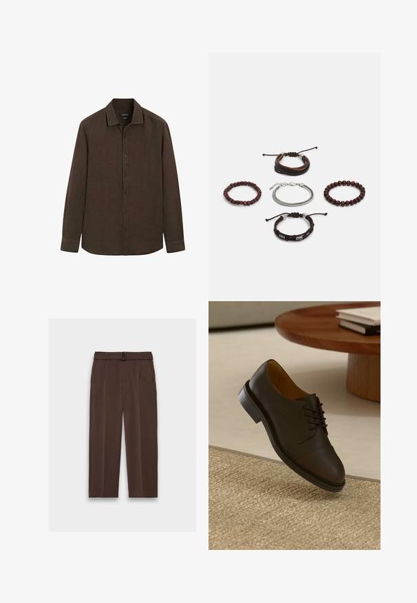 Ciemnobrązowa, długosleeve, zapinana na guziki koszula z kołnierzykiem, o jednolitej konstrukcji i zapinanych mankietach, prezentowana na płasko na białym tle.; Brązowe spodnie z paskiem, o wysokim stanie, z plisowanym przodem i bocznymi kieszeniami; wykonane z gładkiego, teksturowanego materiału.; Brązowe skórzane buty wizytowe z teksturowaną cholewką, wiązanym fasonem, kontrastowym przeszyciem i trwałą gumową podeszwą, unoszące się nad plecionym dywanem.; Zestaw pięciu bransoletek z brązowej skóry, drewnianych koralików i srebrnego łańcucha; różne faktury i kształty, z regulowanymi zapięciami.