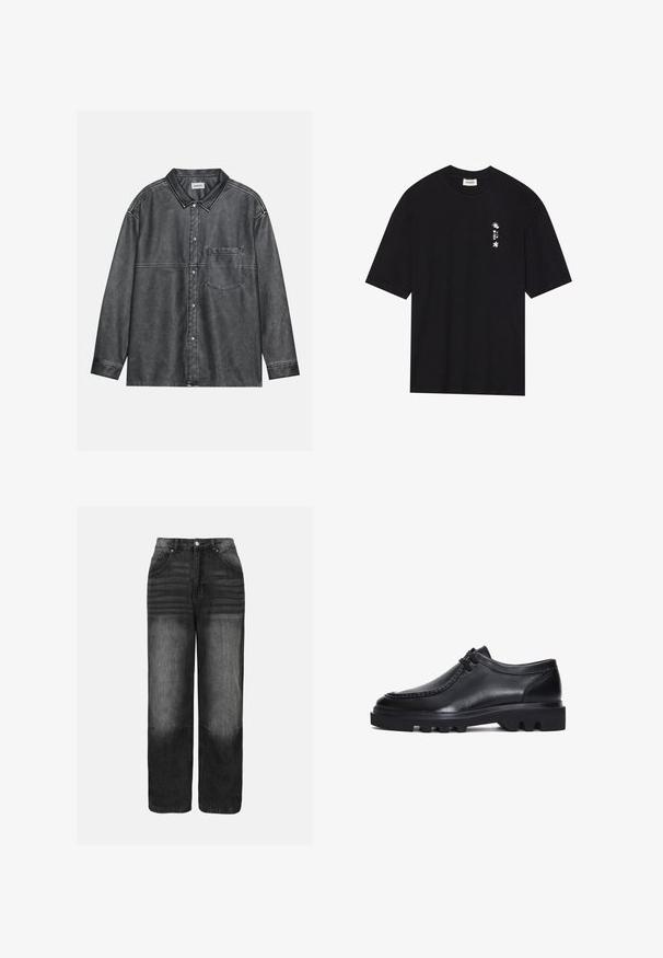 Zwarte overhemd met knopen in versleten denim, met een puntkraag, lange mouwen, een borstzak aan de voorkant en zichtbare stikseloude.; Zwarte katoenen t-shirt met korte mouwen, ronde hals, en een klein wit grafisch ontwerp aan de linkerkant met tekst en bloemenelementen.; Zwarte denim jeans met een vervagingseffect, met een hoge taille, vijf-pocket ontwerp en recht gesneden pijpen. Metalen hardware en stikdetails zijn zichtbaar.; Zwarte lederen schoenen met een ronde neus, gestikte details en een dikke, robuuste zool met kenmerkende groeven. Eenvoudig vetersluiting ontwerp.