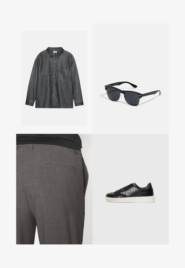 Melnas pogājamās krekls no nolietota denima, ar norādītu apkakli, garām piedurknēm, priekšējo krūšu kabatu un redzamām šuvēm.; Pelēki pielāgoti bikses ar gludu tekstūru, aprīkotas ar vienu aizmugurējo kabatu un šauru piegriezumu. Audumam ir smalka raksts.; Melni sporta apavi ar teksturētu krokodila raksta ādas augšdaļu, noapaļotu pirkstu daļu un kontrastējošu baltu gumijas zoli ar gludu virsmu.; Melnas saulesbrilles ar taisnstūra formu, tumšiem stenģiem, sudraba akcentiem pie tempļiem un matētu apdari uz rāmja.; Baltas pērļu kaklarota ar vienmērīgu apaļu formu, gludu virsmu un metāla aizdari ar pagarinājuma ķēdi regulējamai garumam.