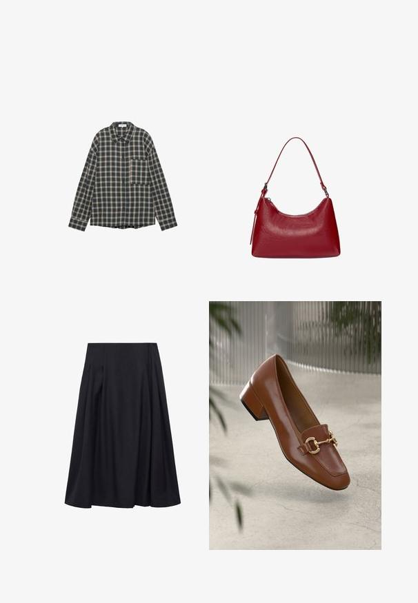 Srajca s dolgimi rokavi v temno modri in kremni karirasti vzorec, z gumbi spredaj, ovratnikom in žepom na prsih. Narejena iz mehke, teksturirane tkanine.; Mango THAI - Krilo A-kroja - blue; Rjavi lakirani loafer z kvadratnim nosom, kovinsko verigo kot okrasom in nizko blok podplatom; gladka tekstura, minimalističen dizajn.; Rdeča usnjena torba za ramo z ukrivljeno obliko, gladko teksturo in zadrgo. Ima tanek ročaj za nošenje.