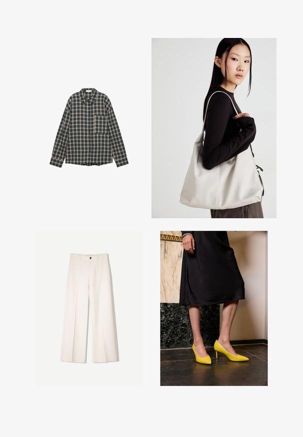 Koszula w kratę z długim rękawem w ciemnoniebiesko-kremowym kolorze, z zapięciem na guziki, kołnierzykiem i kieszenią na piersi. Wykonana z miękkiej, teksturowanej tkaniny.; Kremowe spodnie szerokie z dopasowanym krojem, z dwoma przednimi kieszeniami i pojedynczym zapięciem na guzik z przodu, wykonane z gładkiego materiału.; Żółte lakierowane szpilki z ostrymi noskami i cienkimi obcasami stiletto, umieszczone na ciemnym kamiennym podłożu, na tle jasnej ściany.; Beżowa torebka wykonana z miękkiego materiału, charakteryzująca się luźnym fasonem, wyszywanymi detalami i dwoma uchwytami na ramię. Idealna na co dzień.
