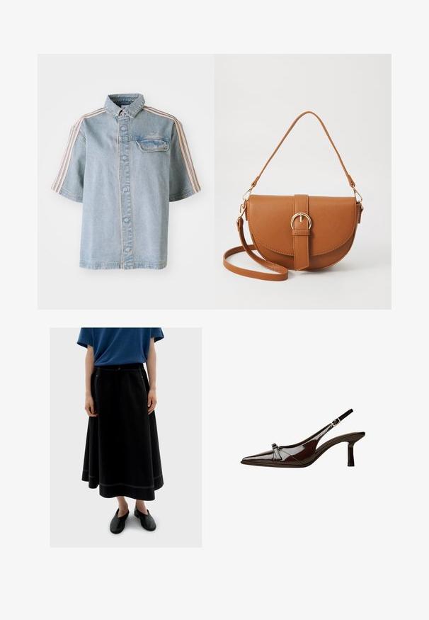 Denim overhemd met een borstzak, knoopsluiting en roze strepen langs de schouders, gepresenteerd tegen een effen witte achtergrond.; Zwarte lange rok met zichtbare witte stiksels, gecombineerd met een blauwe top met korte mouwen en zwarte schoenen. Het materiaal lijkt zacht en vloeiend.; Bruine gepatineerde leren slingback schoen met een spitse neus, lage hak en een decoratieve strikaccent aan de voorkant. Glad, glanzend oppervlak.; Bruine leren schoudertas met een gebogen vorm, gouden hardware en een gespaccent. Bevat een afneembare schouderriem.