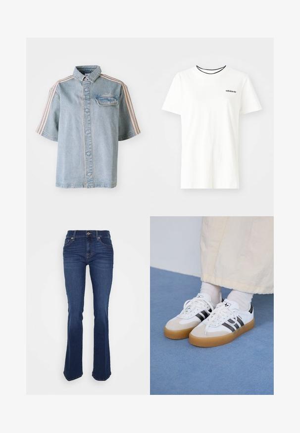 Džinsinis marškinys su priekinėmis kišenėmis, mygtukiniais uždarymais ir rožinėmis juostomis pečių srityje, pateiktas prieš paprastą baltą foną.; Balta medvilnė marškinėliai su trumpomis rankovėmis ir apvalia iškirpte. Ant krūtinės yra juodas Adidas logotipas, o vidinė apykaklė yra kontrastinga juoda.; Plati mėlynos džinsinės kelnės, pagamintos iš džinsinio audinio, turinčios aukštą liemenį, priekinėmis kišenėmis ir kontrastingomis siūlėmis. Audinys yra lygus ir sklandus.; Baltos sportbačiai su noir juostomis ir šviesiai rudos zomšos akcentais. Yra tekstūruota gumos padas ir plokščiomis baltomis raištelėmis, dėvimi su šviesiai spalvotomis kojinėmis.