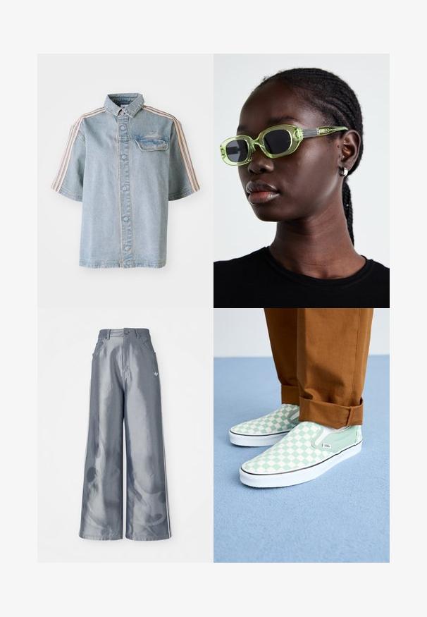 Denim särg, millel on eesmine tasku, nööpidest sulgemine ja roosa triipõmblus õlgadel, esitatud lihtsa valge taustaga.; Laiad püksid läikivast hallist materjalist, valgete külgtriipudega ja põlevate mustritega alumistes jalgades. Nööp ja lukku kinnitamine vööl.; Jalade pruunides pükstes, jalas pastellroheline ja valge ruuduline slip-on Vans'i jalats, valgelt sinisel vaibal.; Rohelise tooniga prillid hõredate ristkülikukujuliste raamidega ja tumedate läätsega; tekstureeritud hallid käepidemed koos brändimisega. Sile nahk ja must särk.; Heledad sinine nahkrahakott ülemise käepidemega, esiküljel klapiga tasku ja eemaldatav randmepael valgel taustal.
