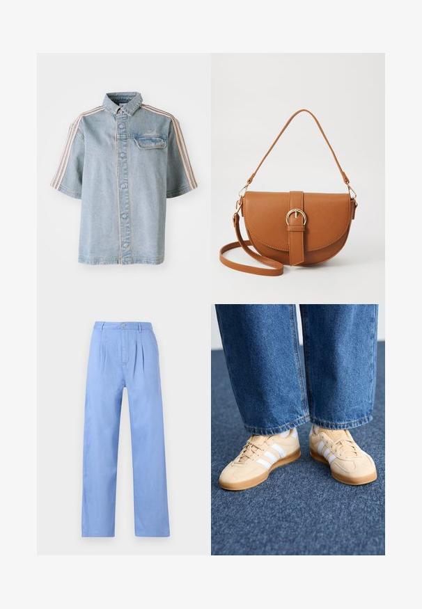 Denim krekls ar priekšējo kabatu, pogu aizdari un rozā svītrām gar pleciem, izstādīts uz vienkārša balta fona.; Gai zili linu bikses ar plisētu fronti, augstu jostasvietu un taisnu kāju dizainu. Ar pogu aizdari jostasvietā.; Bēša zamšsneakeri ar baltām svītrām, gumijas zole un apaļa purngala forma. Apvienoti ar brīviem džinsu biksēm, kas parāda taisnu kāju un zilu audumu.; Brūns ādas plecu soma ar izliekta formu, zelta piederumiem un sprādzes akcentu. Iesaiņota ar noņemamu plecu siksnu.