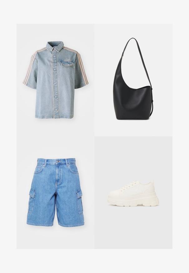 Camisa de ganga com um bolso frontal, fecho de botão e riscas cor-de-rosa nos ombros, apresentada sobre um fundo branco simples.; Calças de ganga cargo em azul claro, com dois bolsos laterais, fecho de botão, passantes para cinto e um corte descontraído. Tecido de textura suave.; Sapatilhas brancas em lona com sola espessa, biqueira arredondada e cinco ilhós para atacadores. Laço traseiro para calçar facilmente. Textura suave, design minimalista.; Saco hobo preto em pele com uma textura lisa, forma curva e uma única alça ajustável; apresenta uma abertura larga na parte de cima.