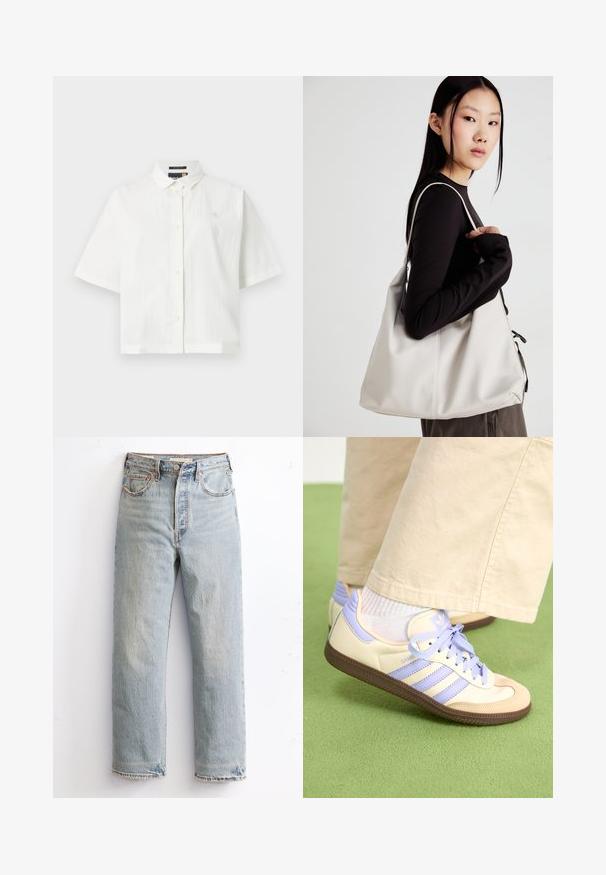 Bijela košulja kratkih rukava od teksturiranog materijala, s redovitim kragnom i zatvaranjem na gumbe. Mali logo na prsima. Opustišeni kroj.; Svijetloplave traperice s ravnim krojem, koje imaju istrošenu rubu, bakrene zakovice i klasičan stil s pet džepova.; Kremasto-ljubičaste tenisice s tri pruge i strukturiranim smeškim potplatom, s vezicama i podstavljenim petom. Mekana gornja tkanina.; Bežna torba od mekog materijala s opuštenim dizajnom, šivanim detaljima i dva remena za rame. Pogodna za svakodnevnu upotrebu.