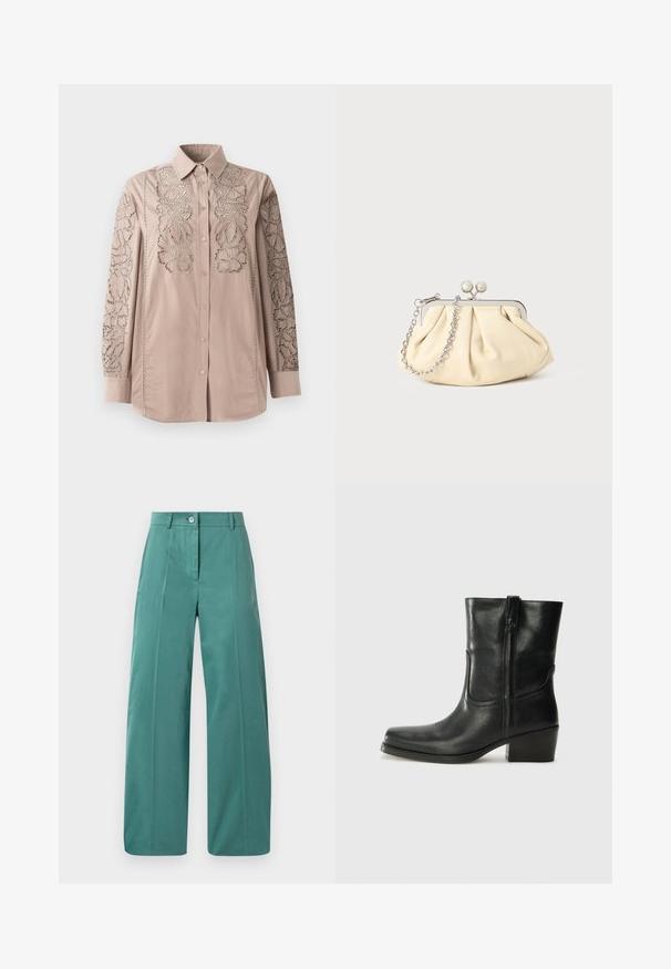 Camisa abotonada de color beige claro con intrincados bordados florales en forma de encaje en las mangas. Tejido suave con cuello estructurado y mangas largas.; Pantalones de pierna ancha en una suave tela azul verdoso, con un cierre frontal de botones, pliegues marcados y una textura lisa. Diseño entallado con acentos mínimos.; Botín negro de cuero hasta el tobillo con punta redondeada, tacón cuadrado, cremallera lateral y detalles de costura en el empeine. Textura suave, diseño clásico.; Clutch de cuero beige plisado con un marco de metal plateado, que cuenta con dos broches decorativos redondos y una correa de cadena plateada.