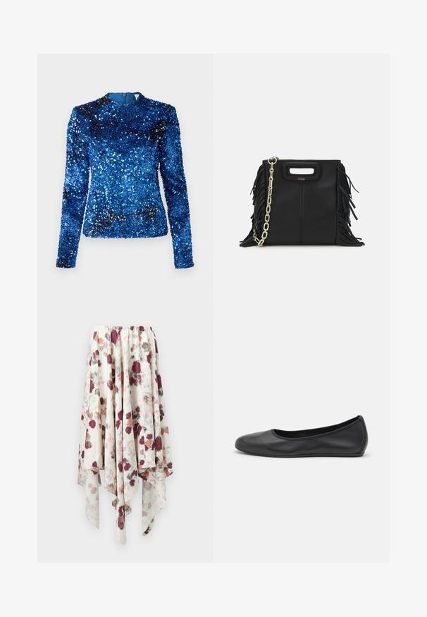 Modrý top s flitry a dlouhými rukávy, vysokým výstřihem a hladkou vnitřní podšívkou, s texturovaným povrchem a odrazivými flitry po celém obvodu.; Bílá sukně s asymetrickým lemováním a maroon, šedým a oranžovým akvarelovým květinovým potiskem, s elastickým pasem.; Černé kožené baletní byty s kulatou špičkou, hladkou texturou, minimálními švy a flexibilním designem podrážky.; Černá kožená kabelka s třásněmi, zlatým řetízkovým ramenním popruhem a rukojetí s výřezem. Na přední straně se nachází logo.