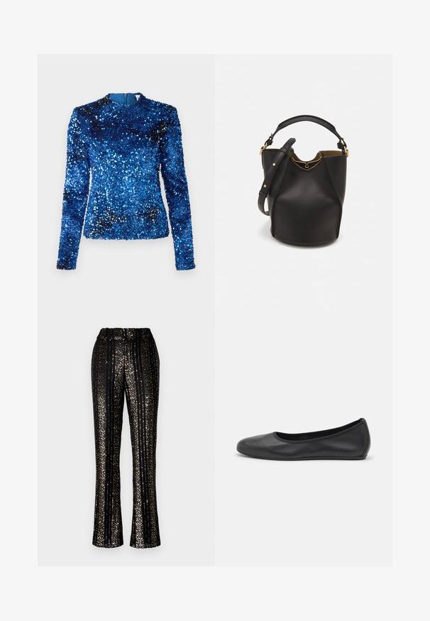 Blauwe pailletten top met lange mouwen, hoge halslijn en een gladde binnenvoering, met een gestructureerd oppervlak voorzien van reflecterende pailletten.; Zwarte paillettenbroek met verticale strepen, elastische tailleband en uitlopende broekspijpen met glanzende accenten over het hele oppervlak.; Zwarte leren ballerina met een ronde neus, gladde textuur, minimale stikdetails en een flexibele zoolontwerp.; Zwarte leren emmer tas met een gestructureerde afwerking, gouden hardware accenten en een open bovenkant. Heeft een korte handgreep en een verstelbare schouderriem.
