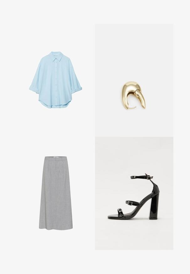 Svijetloplava košulja napravljena od mekog materijala, s klasičnim ovratnikom, prednjim kopčanjem na dugmad i podvrnutim rukavima za opušteni izgled.; Siva krilna dolžina krila z gladko teksturo in subtilnim heather vzorcem. Ima raven sprednji del z naborki in prilagojen pas.; Črne lakirane sandale s peto, kvadratnim prstom, trakovi okrog gležnja in srebrnimi zaponkami. Opremljene so s stabilno Debelo peto.; Uhane nakit iz zlatastega tona z gladko, ukrivljeno zasnovo. Ima edinstveno koničasto obliko, polirano površino in zaponko s tečajem.