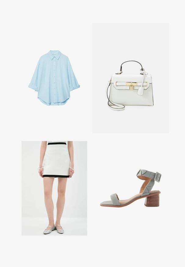 Lyseblå skjorte lavet af et blødt stof, med en klassisk krave, knaplukning foran og opsmøgede ærmer for en afslappet pasform.; Hvid mini nederdel med en sort nederste kant, lavet af glat materiale. Modellen har sølvfarvede flade sko og et klart armbånd på den ene håndled.; Next FOREVER COMFORTREGULAR FIT - Sandaler - blue; Hvid håndtaske med krokodillemønster, guldfarvet hårdvare, top-håndtag og aftagelig skulderrem; har en låsefunktion og et minimalistisk design.