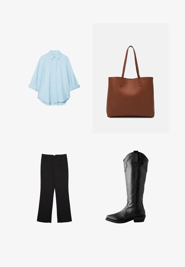 Helles blaues Hemd aus einem weichen Stoff, mit klassischem Kragen, durchgehender Knopfleiste und hochgekrempelten Ärmeln für eine lässige Passform.; Schwarze Hose mit geradem Schnitt, ausgestattet mit Fronttaschen und Seitenschlitzen am Saum. Hergestellt aus weichem, glattem Stoff. Geeignet für verschiedene Anlässe.; Schwarze Leder-Stiefel bis zum Knie mit spitzen Zehen, dekorativer Stickerei, einem Ziehgriff an der Oberseite und einem gestapelten Absatz. Glatte Textur.; Braune Leder-Tote mit glatter Textur, offenem Oberteil und zwei Schulterriemen. Verfügt über minimale Nähte und keine sichtbaren Beschläge.