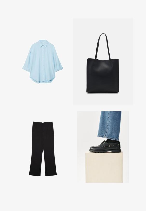 Světle modrá košile vyrobená z jemné tkaniny, s klasickým límečkem, zapínáním na knoflíky vpředu a vyhrnutými rukávy pro uvolněný střih.; Černé kalhoty s rovným střihem, s předními kapsami a bočními rozparky na lemu. Vyrobené z jemné, hladké tkaniny. Vhodné na různé příležitosti.; Černé kožené boty s kulatou špičkou, šněrováním a zlatými očky. Robustní podešev. Nosené s modrými džíny, které boty mírně zakrývají.; Černá kožená taška přes rameno s hladkým povrchem, obdélníkovým tvarem a dvěma dlouhými uchy. Žádné viditelné kování ani ozdoby.
