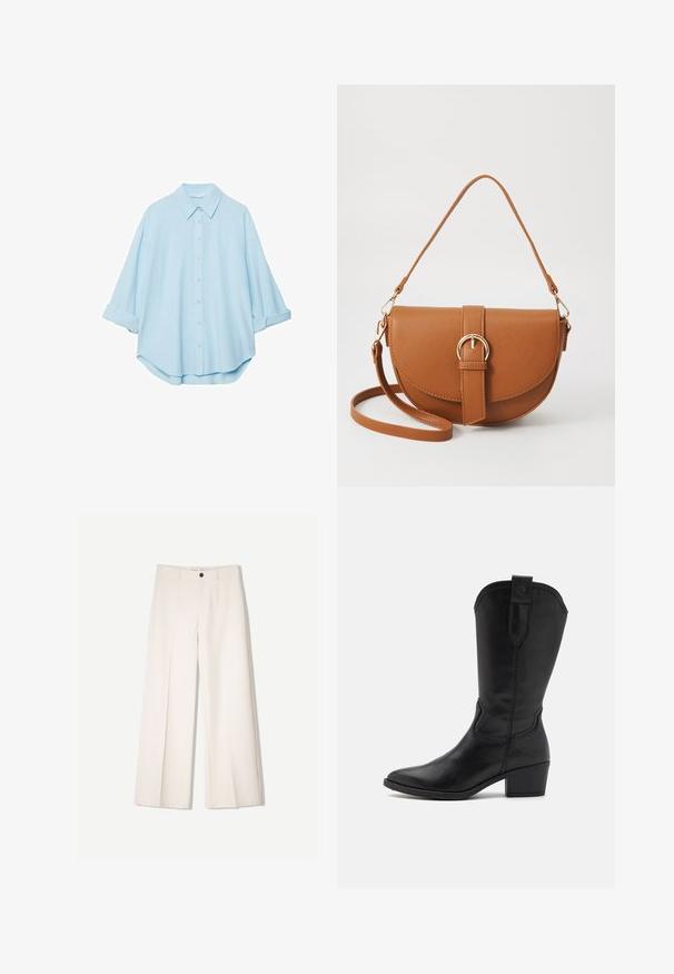 Ljusblå skjorta i mjukt tyg, med klassisk krage, knäppning framtill och uppvikt ärmar för en avslappnad passform.; Krämfärgade byxor med vida ben och skräddarsydd design, med två framfickor och en enda knappstängning fram, tillverkade av ett smidigt tyg.; Svart läder cowboystövel med spetsig tå, ankelhöjd och en staplad klack. Har dekorativ sömnad och en dragflik.; Brun läder crossbody-väska med en böjd form, gyllene detaljer och en spänneaccent. Har en avtagbar axelrem.