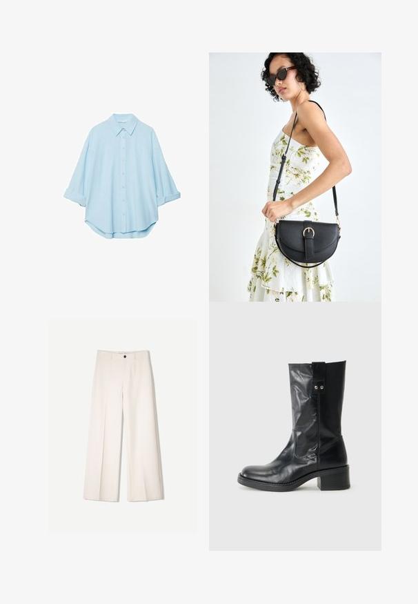 Vaaleansininen paita pehmeästä kankaasta, jossa on klassinen kaulus, napitettava etuosa ja käärityt hihat rentoa sovitusta varten.; Kerman leveletut housut räätälöidyllä designilla, joissa on kaksi etutaskua ja yksi etunapituksilla, valmistettu sileästä kankaasta.; Musta nahkainen nilkkuri, jossa on pyöreä kärki, vaatimaton kasattu korko ja koristeellinen sivuosa. Materiaali on sileä ja kiiltävä.; Musta nahkainen käsilaukku, joka on kaareva muotoilultaan, irrotettavalla hihnalla ja kultaisilla yksityiskohdilla. Laukussa on läppä, jossa on solk yksityiskohta.