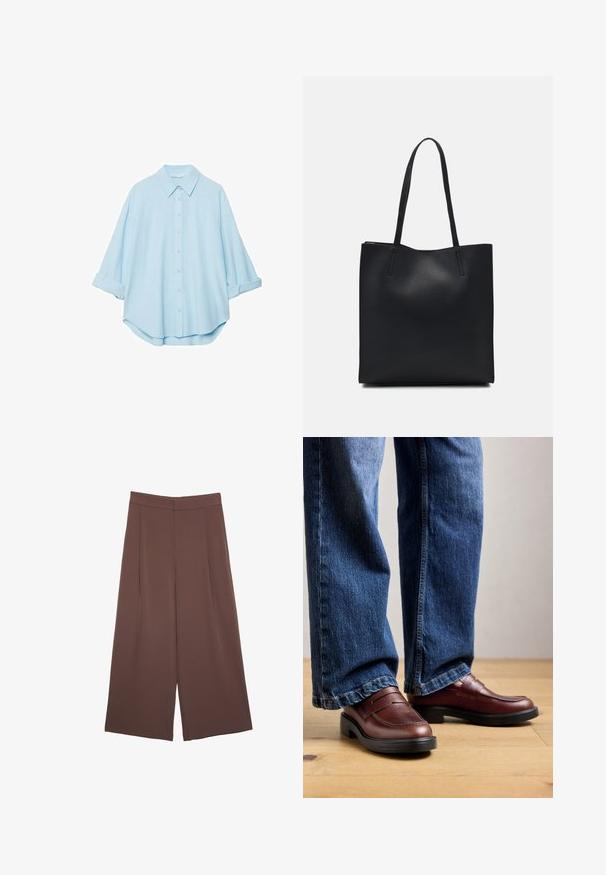 Jasnoniebieska koszula wykonana z miękkiego materiału, z klasycznym kołnierzykiem, zapięciem na guziki z przodu i podwiniętymi rękawami dla swobodnego kroju.; Brązowe spodnie o szerokich nogawkach z gładką fakturą, z wysokim stanem i plisami z przodu. Materiał jest lekki i luźno opada.; Osoba w brązowych skórzanych mokasynach i niebieskich dżinsach stoi na drewnianej podłodze na tle neutralnym.; Czarna skórzana torba tote o gładkiej fakturze, prostokątnym kształcie i dwóch długich uchwytach. Brak widocznych elementów metalowych i ozdób.