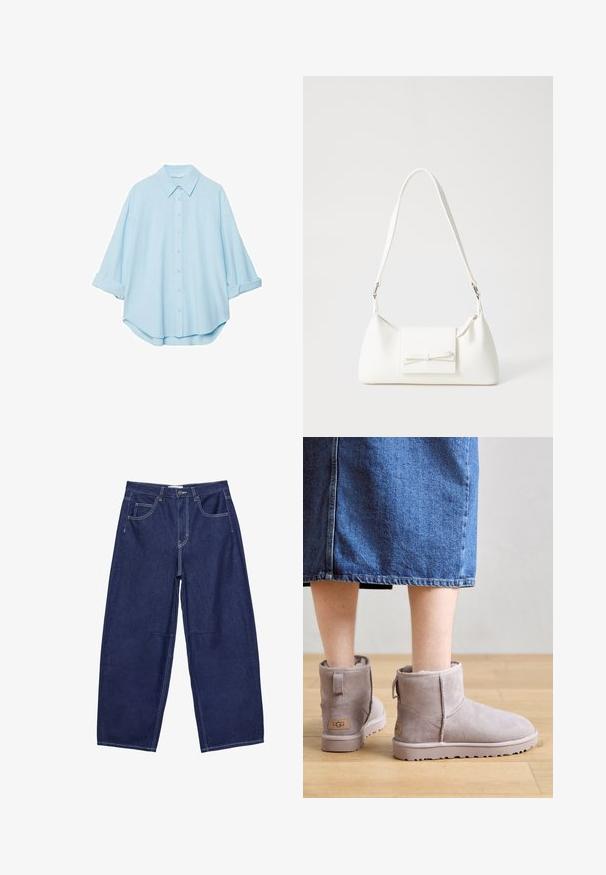 Jasnoniebieska koszula wykonana z miękkiego materiału, z klasycznym kołnierzykiem, zapięciem na guziki z przodu i podwiniętymi rękawami dla swobodnego kroju.; Granatowe dżinsowe spodnie z szerokimi nogawkami i wysokim stanem, pięć kieszeni oraz kontrastowe białe szwy. Gładka faktura, klasyczny design.; Szare zamszowe botki za kostkę z miękkim wykończeniem, płaską podeszwą i małym obcasem. Posiadają tylnią pętelkę oraz oznaczenie marki z boku.; Biała syntetyczna torba o trójkątnym kształcie, płaskim przednim klapce i detalach w postaci kokardy, regulowanym pasku, gładkiej fakturze oraz minimalistycznym designie.