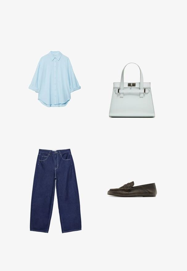Ljusblå skjorta i mjukt tyg, med klassisk krage, knäppning framtill och uppvikt ärmar för en avslappnad passform.; Mörkblå denimbyxor med vida ben och hög midja, fem fickor och kontrasterande vita sömmar. Slät textur, klassisk design.; Mörkbruna läderloafers med platt sula, featuring ett vävt mönster på framsidan och en slät yta. Diskret sömnadsdetalj längs kanterna.; Ljusblå handväska med strukturerad design, två handtag och ett clasps i silverfärgad metall. Texturerat material och skarpa hörn.