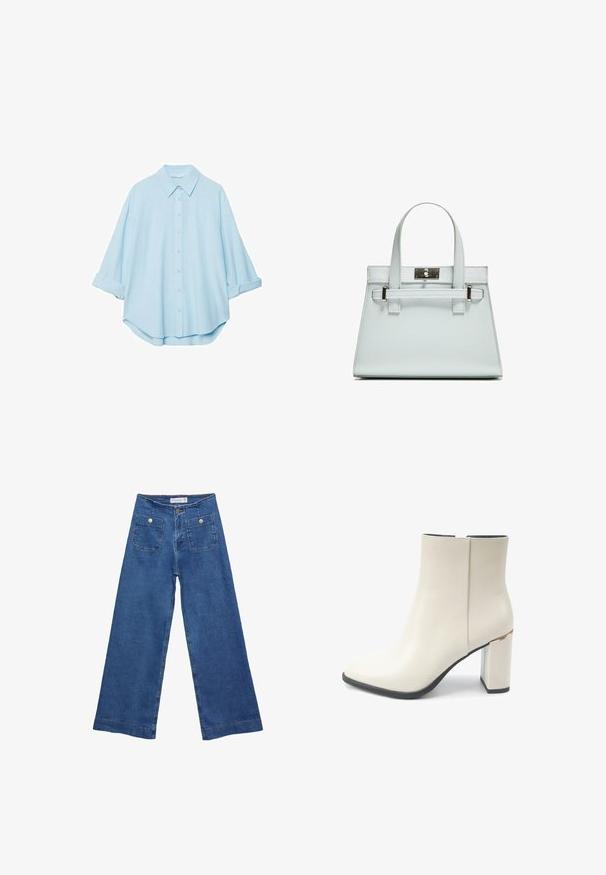 Vaaleansininen paita pehmeästä kankaasta, jossa on klassinen kaulus, napitettava etuosa ja käärityt hihat rentoa sovitusta varten.; Denim leveled-leg farkut keskisinisellä pesulla, kahdella etupussilla, joissa on nappisuljenta, ja ommelluilla yksityiskohdilla helmoissa.; Valkoinen nilkkuri, jossa on sileä nahka pintakäsittely, nelikulmainen varvasosa ja paksu metallikoristeinen korko. Musta pohja näkyy alapuolella.; Vaaleansininen käsilaukku, jossa on jämäkkä muotoilu, kaksi kahvaa ja hopeanvärinen kiinnitys. Pinta on teksturoitu ja kulmat terävät.