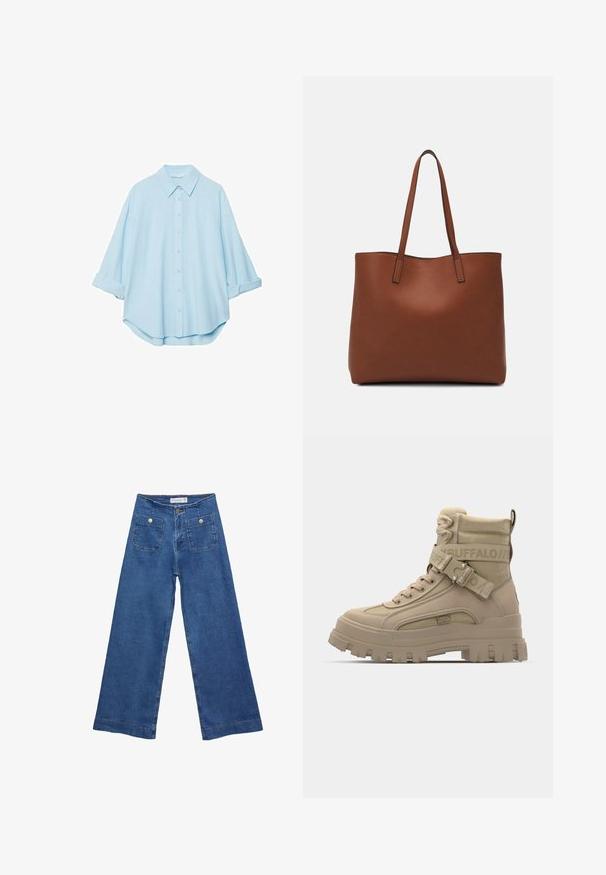 Ljusblå skjorta i mjukt tyg, med klassisk krage, knäppning framtill och uppvikt ärmar för en avslappnad passform.; Jeans med vida ben i denim med en mellanblå tvätt, två framfickor med knäppningar och sydda detaljer längs fållarna.; Bruna högstövlar i syntetmaterial, med en kraftig sula, texturerade tygdetaljer och ett band med logotyp.; Brun läder tote-väska med en slät textur, öppen toppdesign och två axelremmar. Har minimal söm och ingen synlig metalldetalj.