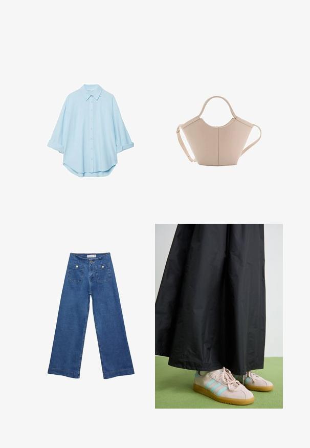 Camicia azzurra realizzata in un tessuto morbido, con colletto classico, chiusura a bottoni sul davanti e maniche arrotolate per un fit rilassato.; Jeans in denim a gamba larga con un lavaggio blu medio, due tasche frontali con chiusura a bottone e dettagli cuciti lungo gli orli.; Scarpe in suede rosa con righe blu, abbinate a una lunga gonna nera in tessuto stropicciato. Lo sfondo presenta un pavimento verde.; Borsa in pelle beige con una forma unica, caratterizzata da due manici corti e una lunga tracolla regolabile. Texture liscia con hardware minimale.