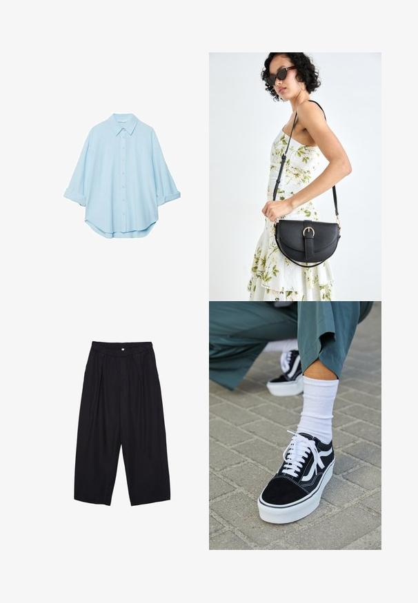 Svetlomodrá košeľa z jemnej látky, s klasickým golierom, zapínaním na gombíky v prednej časti a vyhrnutými rukávmi pre uvoľnený strih.; Čierne polyesterové culotte nohavice s elastickým pásom, dvoma prednými záhybmi a voľným strihom. Žiadne viditeľné vzory ani detaily z kovu.; Čierne semišové tenisky s bielymi akcentmi a šnúrkami, s hrubou bielou podrážkou a kontrastným prešívaním, doplnené o bielu ponožku.; Čierna kožená kabelka s zaobleným tvarom, odnímateľným popruhom a zlatými doplnkami. Kabelka má klopu s detailom s prackou.