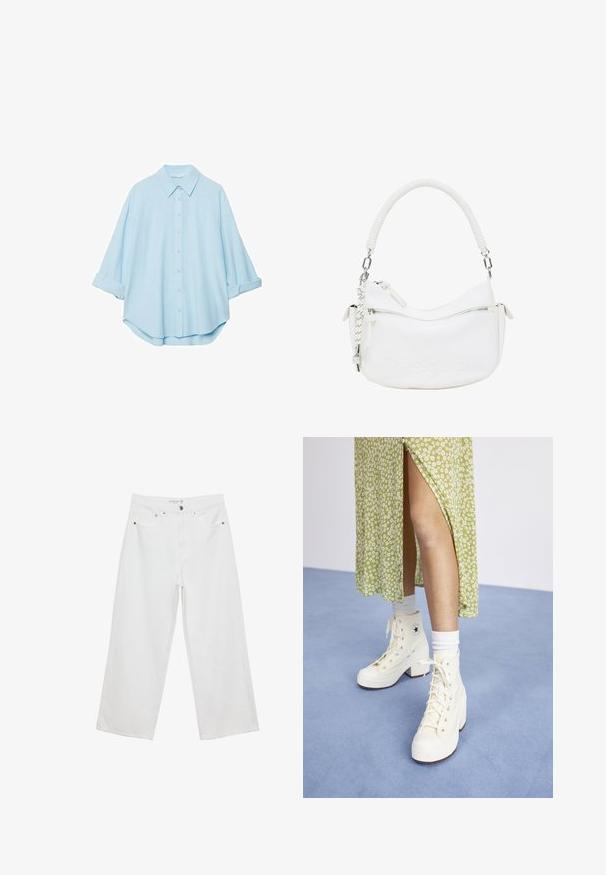 Vaaleansininen paita pehmeästä kankaasta, jossa on klassinen kaulus, napitettava etuosa ja käärityt hihat rentoa sovitusta varten.; Valkoiset leveälahkeiset farkut, joissa on korkea vyötärö. Tämä malli sisältää viisi taskua ja metallisia yksityiskohtia. Kankaan pinta on sileä, ilman näkyviä kuvioita.; Valkoiset korkeavartiset platofrma-tennarit nauhoilla ja hopeisilla silmukoilla, yhdessä valkoisten nilkkasukkien kanssa, vaaleansinistä lattiaa vasten.; Valkoinen keinonahkainen käsilaukku, jossa on kaareva muoto, teksturoitu kahva, hopeiset yksityiskohdat ja vetoketjullinen tasku. Mukana painettu logo.